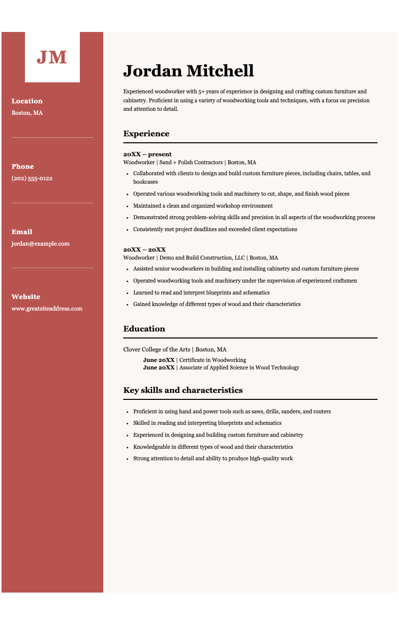 Woodworking resume - Clean, two-column resume template with burgundy sidebar and serif typography for skilled trades professionals.